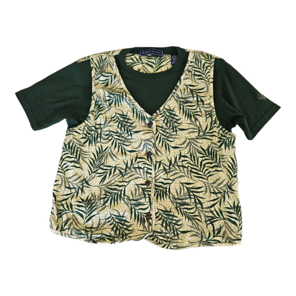 Karen Scott Medium Green And Yellow Short Sleeve Shirt